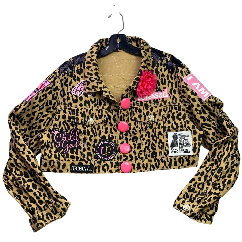 Ugly Diva Jacket Womens Extra Large Cropped Leopard Patches Denim Streetwear